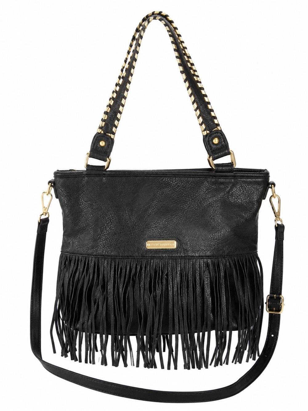 Steve Madden Black Fringe Crossbody Shoulder Bag Gold Woven Strap Boho